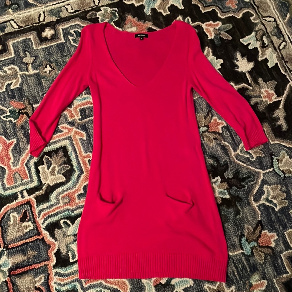 Express v-neck 3/4 length sleeve hot pink sweater dress